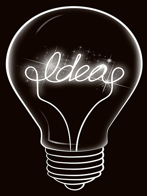 bombilla de lineas blancas sobre fondo negro con la palabra "idea"