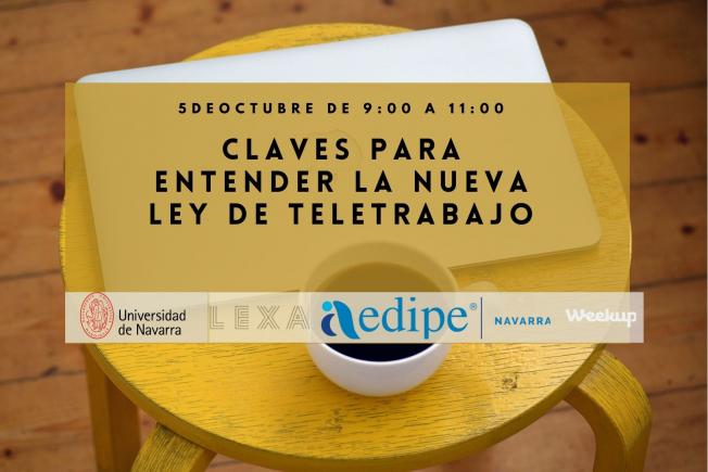 taburete amarillo con ordenador encima -día, hora y título del evento sobre fondo semitransparente amarillo y abajo logos de Universidad de Navarra, Lexa Laboral, Aedipe Navarra y weekup