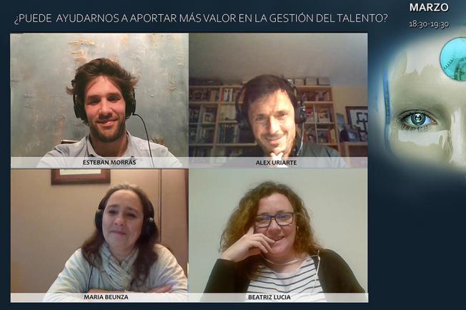 Fotografías de los cuatro ponentes sobre fondo azul, arriba el título de la ponencia y abajo los logos