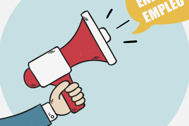 Mano con altavoz anunciando "Trabajo"