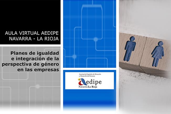 Izda. texto convocatoria sobre rectángulos negros y grises.Centro: rectángulo azul y logo AEDIPE Navarra abajo. Derecha: dados de madera con siluetas de personas grabadas