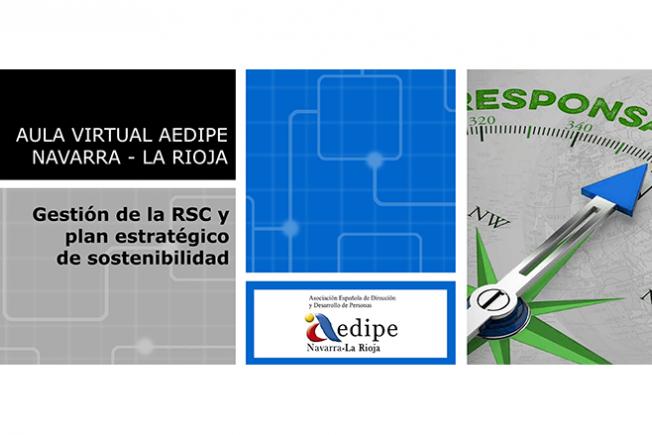 A la Izquierda título del aula, en el centro imagen abstracta azul y logo de AEDIPE-Navarra-La Rioja, a la derecha brújula