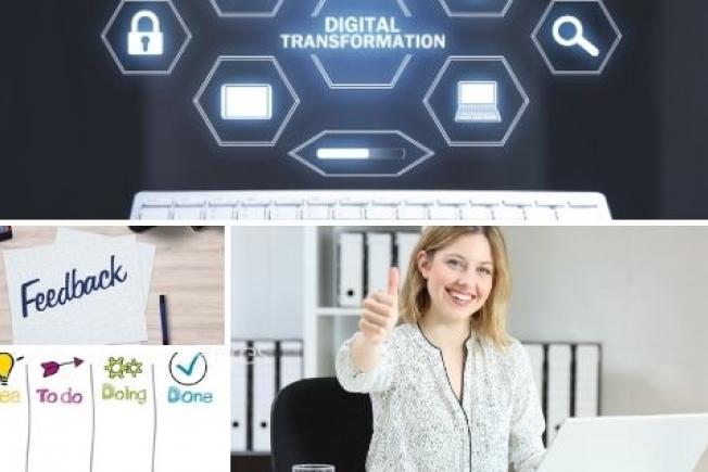 mitad superior: parte superior del teclado de un ordenador e imágenes futuristas de digitalización; cuarto izquierdo: lomos de libros blancos con textos de colores y un posit con la palabra "feedback"; abajo zona derecha: chica contenta mirando a la pantalla con el pulgar levantado en señal de aceptación