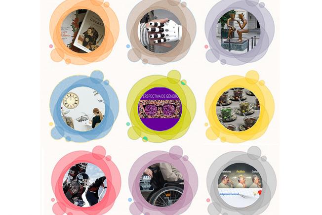 círculos de colores conteniendo cada uno la imagen principal de un artículo publicado