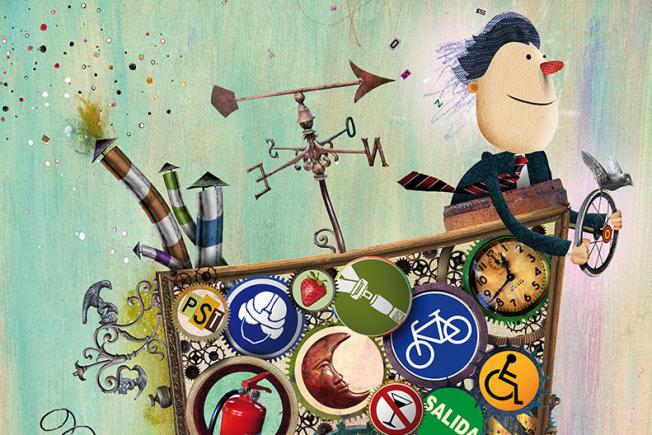 Imagen del premio azul de Mutua Navarra-Ilustración de hombre conduciendo un carro cargado con epis metidos en círculos